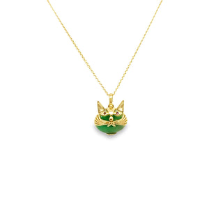 14kt YG Burmese Emerald Green Jadeite "Vintage" Cat w/ Ruby Eyes Pendant w/Chain