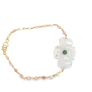 14kt YG Burmese Icy Jadeite Lily & Pink Opal Bracelet