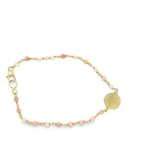 14kt YG Burmese Honey Jadeite Plum Blossom & Pink Opal Facet Beads Bracelet