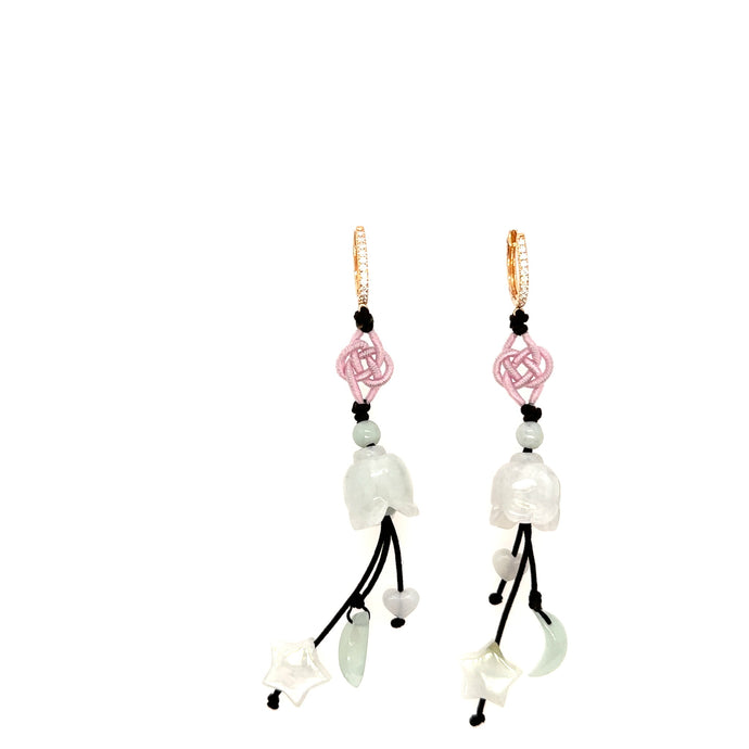 18kt YG White Diamond Huggies Burmese Jadeite Tulip, Moon, Star & Heart Silk Cord Earrings