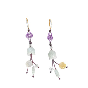 18kt YG White Diamond Huggies Burmese Jadeite Tulip, Plum Blossom, Bamboo & Heart Silk Cord Earrings