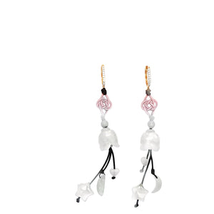 18kt YG White Diamond Huggies Burmese Jadeite Tulip, Moon, Star & Heart Silk Cord Earrings