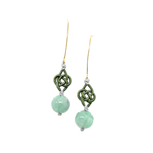 14kt YG Burmese Green Jadeite Carved Lotus Bead Silk Cord Earrings