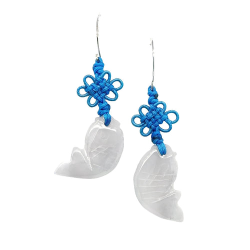 14kt WG Burmese Icy Blue Jadeite Koi Fish Silk Cord Earrings