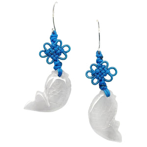 14kt WG Burmese Icy Blue Jadeite Koi Fish Silk Cord Earrings