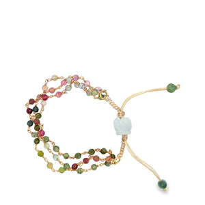 14kt YG Triple Strand Multi Colored Tourmaline and Burmese Jadeite Lotus Silk Bracelet