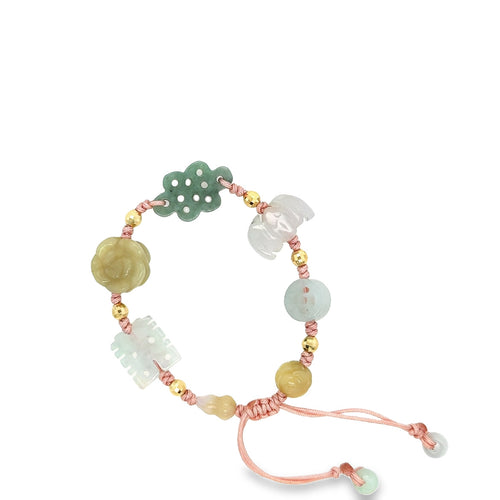 14kt YG Burmese Multi Color Jadeite Good Fortune Silk Bracelet