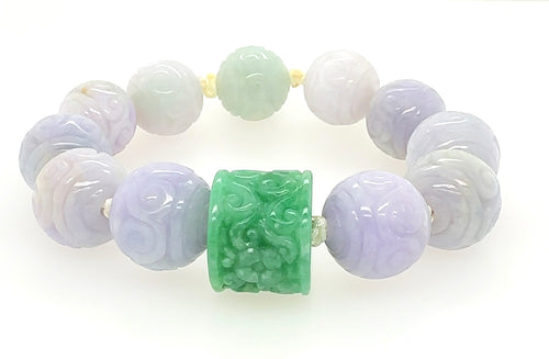 Burmese Green Jadeite Carved Storyboard Drum and Lavender Jadeite Clouds Silk Bracelet