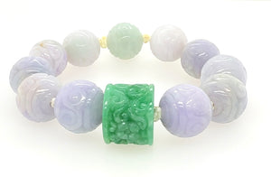 Burmese Green Jadeite Carved Storyboard Drum and Lavender Jadeite Clouds Silk Bracelet