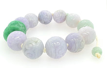 Burmese Green Jadeite Carved Storyboard Drum and Lavender Jadeite Clouds Silk Bracelet