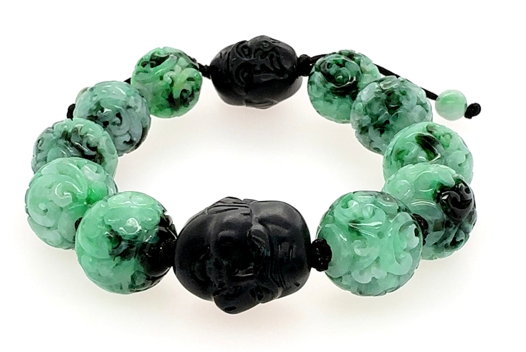 15mm Burmese Emerald Green Jadeite Carved Storyboard Beads w/Burmese Matte Finish Black Jadeite Warriors Men’s Mala Silk Bracelet