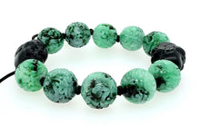 15mm Burmese Emerald Green Jadeite Carved Storyboard Beads w/Burmese Matte Finish Black Jadeite Warriors Men’s Mala Silk Bracelet