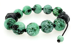 15mm Burmese Emerald Green Jadeite Carved Storyboard Beads w/Burmese Matte Finish Black Jadeite Warriors Men’s Mala Silk Bracelet