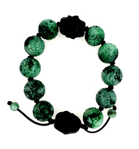 15mm Burmese Emerald Green Jadeite Carved Storyboard Beads w/Burmese Matte Finish Black Jadeite Warriors Men’s Mala Silk Bracelet