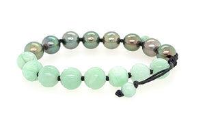 10mm Burmese Green Jadeite Carved Lotus w/Peacock Tahitian Black South Sea Pearl Yin & Yang Silk Bracelet