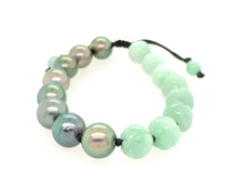 10mm Burmese Green Jadeite Carved Lotus w/Peacock Tahitian Black South Sea Pearl Yin & Yang Silk Bracelet