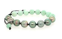 10mm Burmese Green Jadeite Carved Lotus w/Peacock Tahitian Black South Sea Pearl Yin & Yang Silk Bracelet