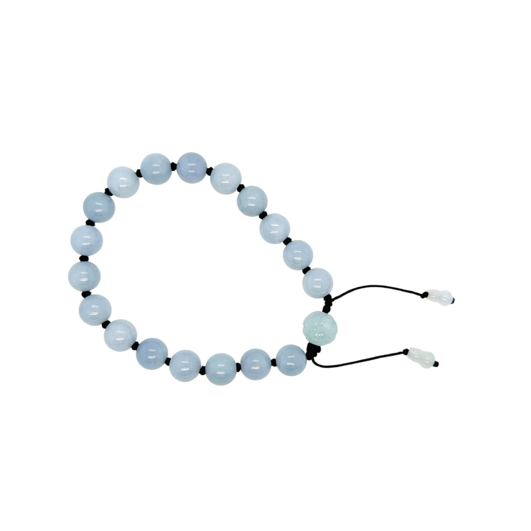 8mm Burmese Blue Jadeite w/Lotus & Gourds Mala Silk Bracelet