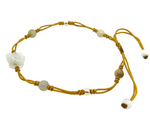 14kt YG Beads w/ Burmese Jadeite Lotus Blossom & Happiness Mala Bracelet or Anklet