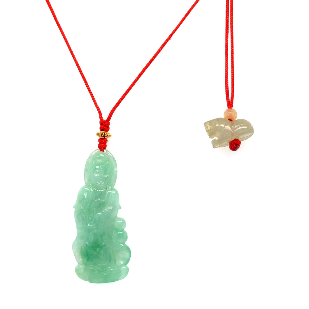 14kt YG Burmese Icy Green Jadeite Kuan Yin Paired w/Burmese Icy Honey Jadeite Tiger Necklace