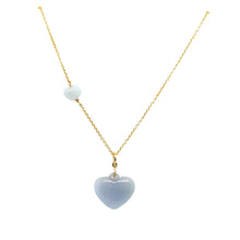 14kt YG Burmese Blue Jadeite Puff Heart w/an Off Set Burmese Icy Jadeite Puff Heart Chain