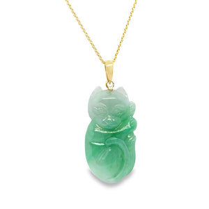 14kt YG Burmese Jadeite Sleepy Curled Up Kitty Pendant