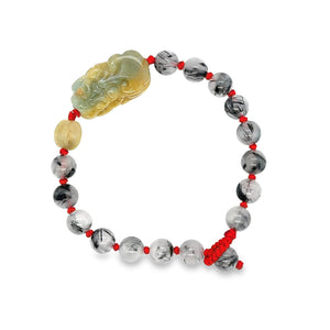 Burmese Honey Jadeite Pei Yao & Coin Paired w/Tourmalated Quartz Toggle Silk Bracelet