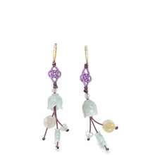 18kt YG White Diamond Huggies Burmese Jadeite Tulip, Plum Blossom, Bamboo & Heart Silk Cord Earrings