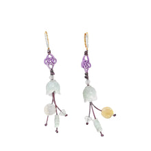 18kt YG White Diamond Huggies Burmese Jadeite Tulip, Plum Blossom, Bamboo & Heart Silk Cord Earrings