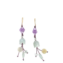 18kt YG White Diamond Huggies Burmese Jadeite Tulip, Plum Blossom, Bamboo & Heart Silk Cord Earrings