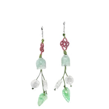 14kt WG Burmese Jadeite Tulip, Leaf, Bamboo & Plum Blossom Silk Cord Earrings
