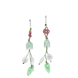 14kt WG Burmese Jadeite Tulip, Leaf, Bamboo & Plum Blossom Silk Cord Earrings