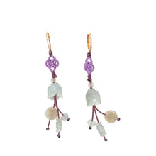 18kt YG White Diamond Huggies Burmese Jadeite Tulip, Plum Blossom, Bamboo & Heart Silk Cord Earrings