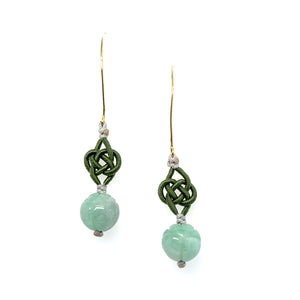 14kt YG Burmese Green Jadeite Carved Lotus Bead Silk Cord Earrings
