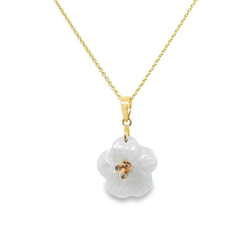 14kt YG Burmese Icy White Jadeite 5 Petals of Happiness w/Diamond Pollen Center Pendant