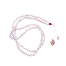 5mm Burmese Pink Jadeite Paired w/18kt RG Ruby Heart Eye & Tourmaline Leaf Mala Necklace