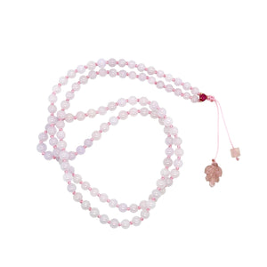 5mm Burmese Pink Jadeite Paired w/18kt RG Ruby Heart Eye & Tourmaline Leaf Mala Necklace