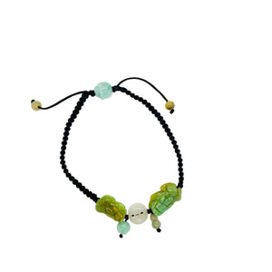 Burmese Green & Honey Jadeite Pei Yao/Pixiu Paired w/Ancient Coin, Gourd & Lotus Silk Bracelet