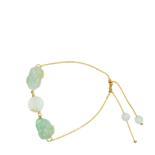 14kt YG Burmese Icy Jadeite Pei Yao/Pixiu Paired w/Ancient Coin Silk Bracelet
