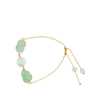 14kt YG Burmese Icy Jadeite Pei Yao/Pixiu Paired w/Ancient Coin Silk Bracelet