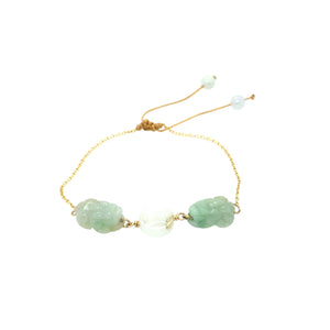 14kt YG Burmese Icy Jadeite Pei Yao/Pixiu Paired w/Ancient Coin Silk Bracelet