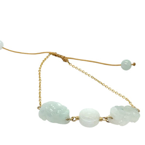 14kt YG Burmese Icy Jadeite Pei Yao/Pixiu Paired w/Ancient Coin Silk Bracelet