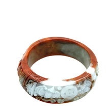 Burmese Red & White Jadeite Carved Bat & Coins & Double Happiness Asymmetrical Comfort Fit Bangle