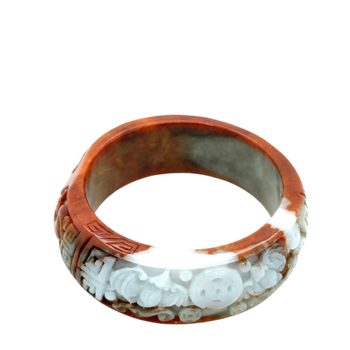 Burmese Red & White Jadeite Carved Bat & Coins & Double Happiness Asymmetrical Comfort Fit Bangle