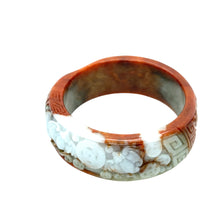Burmese Red & White Jadeite Carved Bat & Coins & Double Happiness Asymmetrical Comfort Fit Bangle