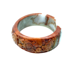 Burmese Red & White Jadeite Carved Bat & Coins & Double Happiness Asymmetrical Comfort Fit Bangle