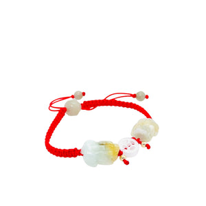 Burmese Green & Honey Jadeite Pei Yao/Pixiu Paired w/Ancient Coin, Gourd & Lotus Silk Bracelet