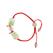 Burmese Green & Honey Jadeite Pei Yao/Pixiu Paired w/Ancient Coin, Gourd & Lotus Silk Bracelet