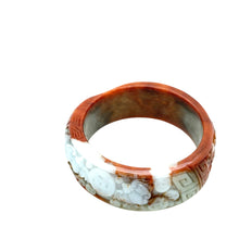 Burmese Red & White Jadeite Carved Bat & Coins & Double Happiness Asymmetrical Comfort Fit Bangle