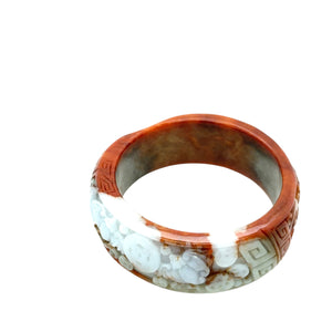 Burmese Red & White Jadeite Carved Bat & Coins & Double Happiness Asymmetrical Comfort Fit Bangle